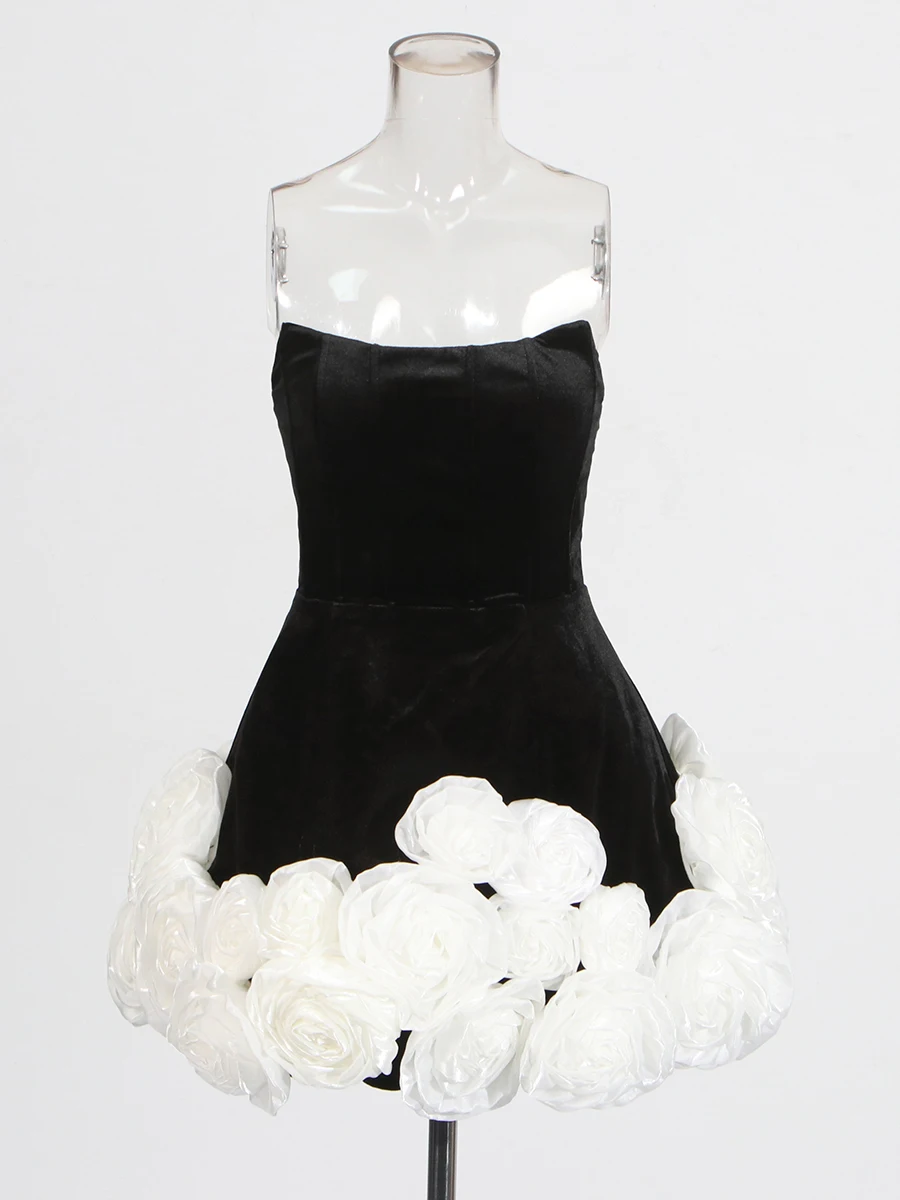 TWOTWINSTYLE Colorblock Spliced 3D Flower Luxurious Dresses for Women Strapless Sleeveless Patchwork Zipper Elegant Dress Female