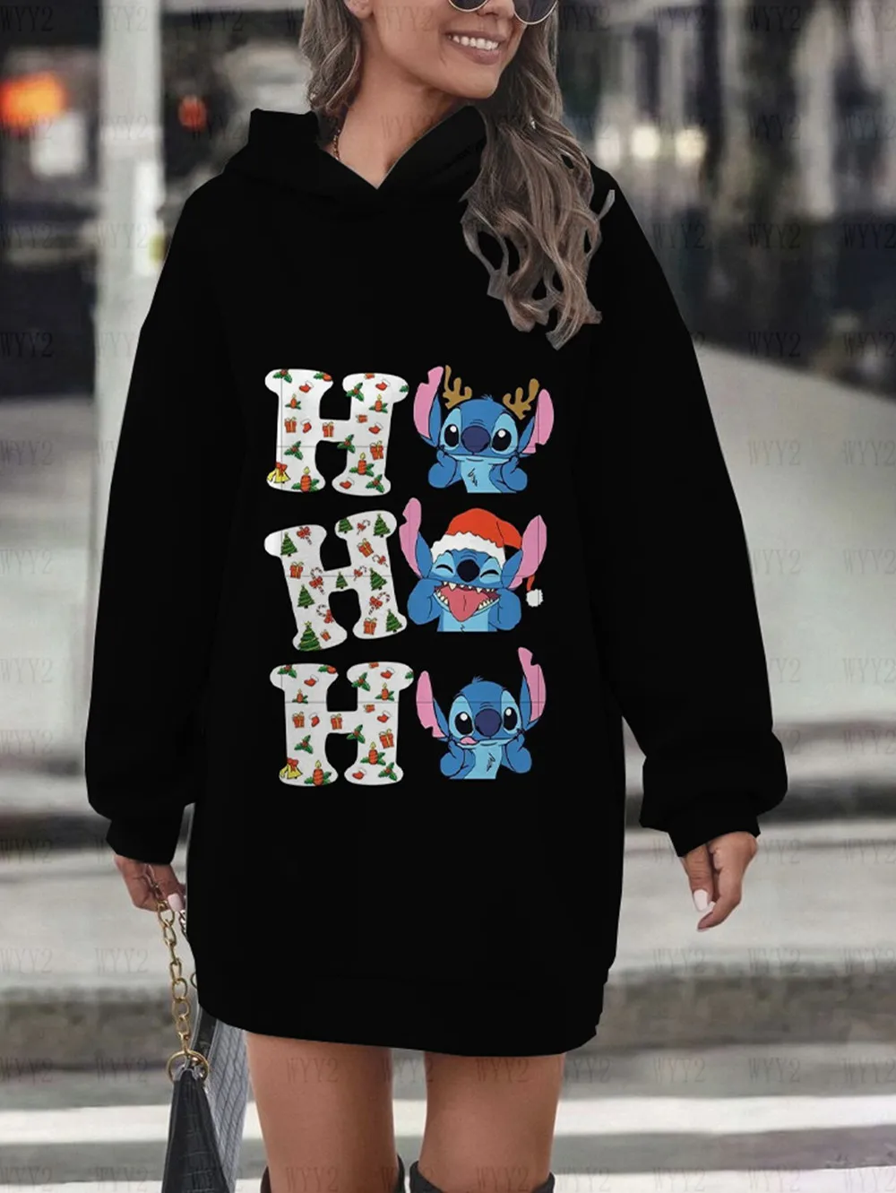 New Disney Stitch print hooded skirt women\'s casual street sweater dress Christmas loose series casual autumn and winter hoodie