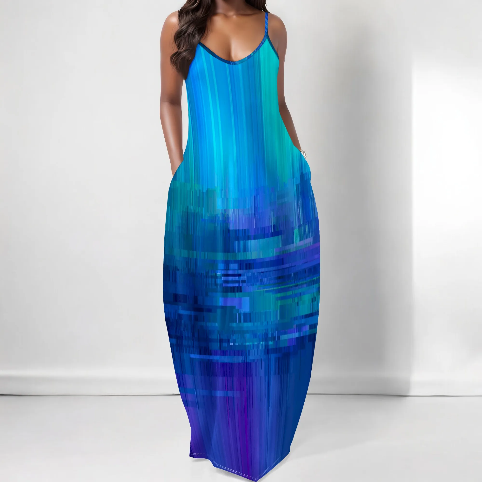 

Women's Abstract Gradient Maxi Dress Summer V-Neck Sleeveless Sundress with Pockets Casual Bohemian Style Beach Vacation