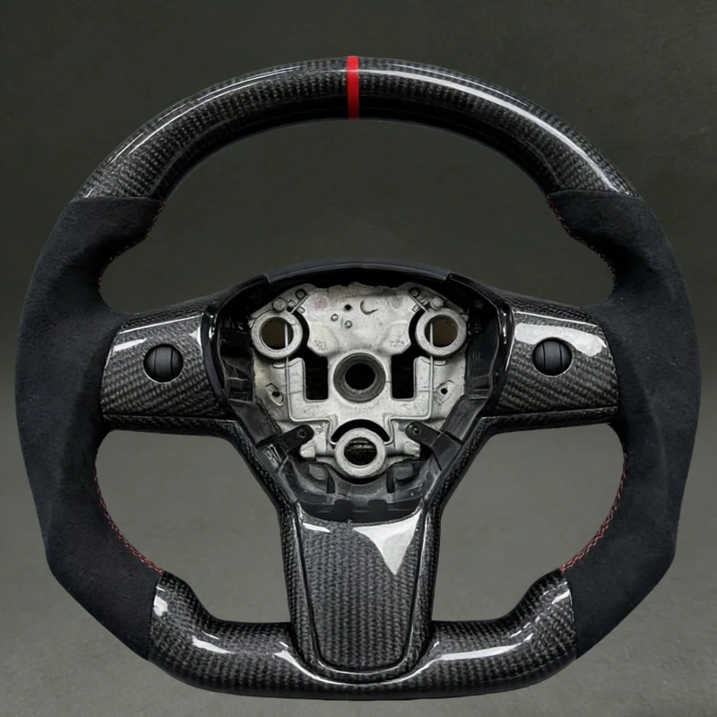 

For Tesla Model 3 Steering Wheel Sports Carbon Fiber with Suede Red Stitching DIY Flat Bottom for Tesla Model 3 Model Y Model X