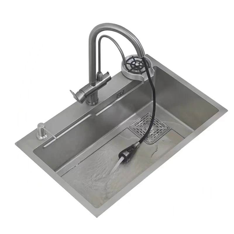 Nano Gray Kitchen Sink Handmade Large Single-slot 304 Stainless Steel Washbasin Bar Basin Household Kitchen s Accessories