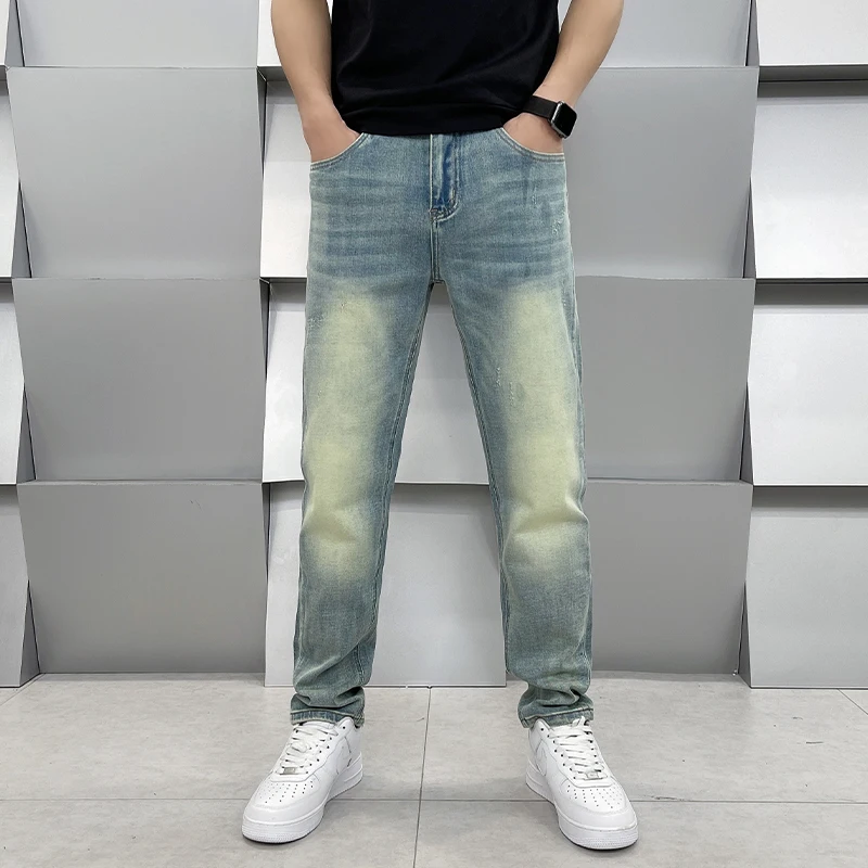 High-end jeans men loose straight trousers spring and summer models versatile casual men's European goods light blue trousers