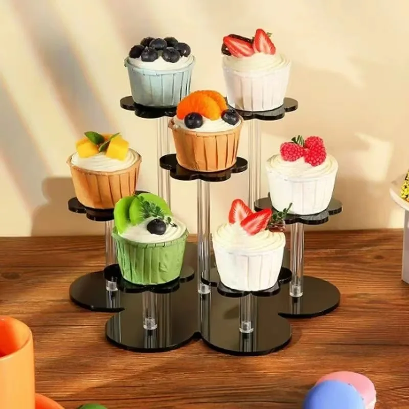 The acrylic transparent customizable layered cake rack is suitable for desserts, macarons, pastries, and cold dishes, making it