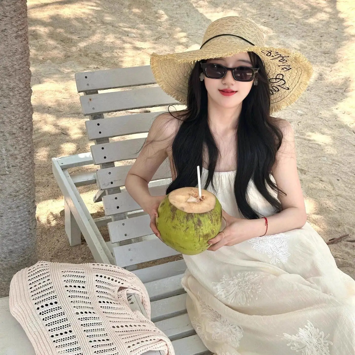 Hebe Style Embroidered Letter Straw Hat Women Summer Beach Sunshade Small Face Effect Hat Casual round Top Cap for Travel
