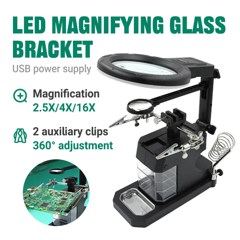 Soldering Iron Stand with 2.5X 4X 16X Magnifying Glass and 16 LED Lights - Third Hand Tool for Welding and Repair Work
