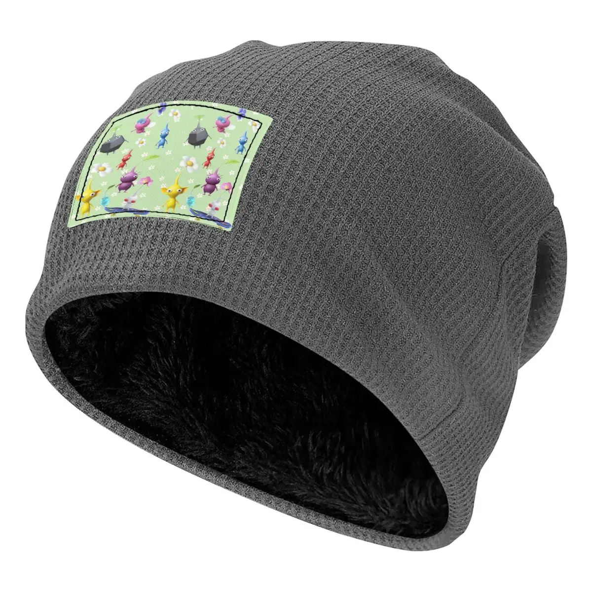 Pikmin Characters Waffle Knit Fleece Lined Beanie with PU Leather Patch Unisex Warm Winter Soft Cap