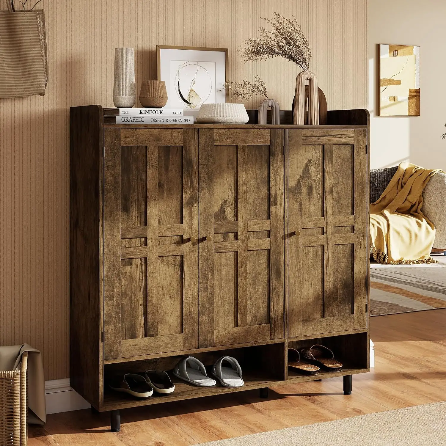 Shoe Cabinet 3 Doors Adjustable Shelves Storage 24-30 Pairs Farmhouse Organizer Open Bottom Entryway Living Room, Customized