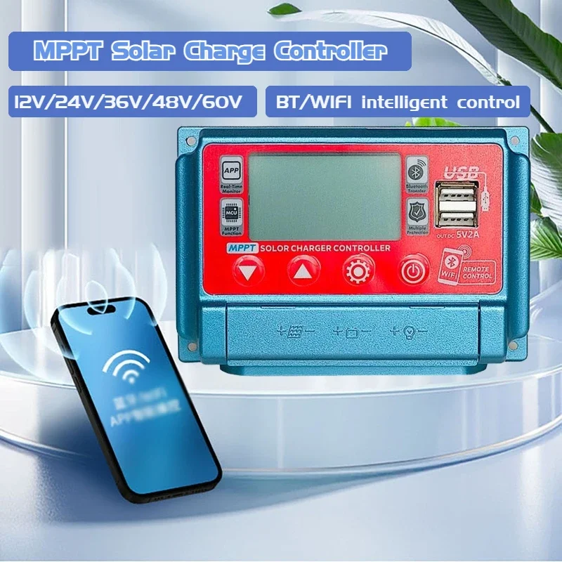 WiFi+BT 30/40/50/60A Solar Charger Controller 12V/24V/36V/48V/60V Charging MPPT Controllers LCD Dual USB 5V Output Controller