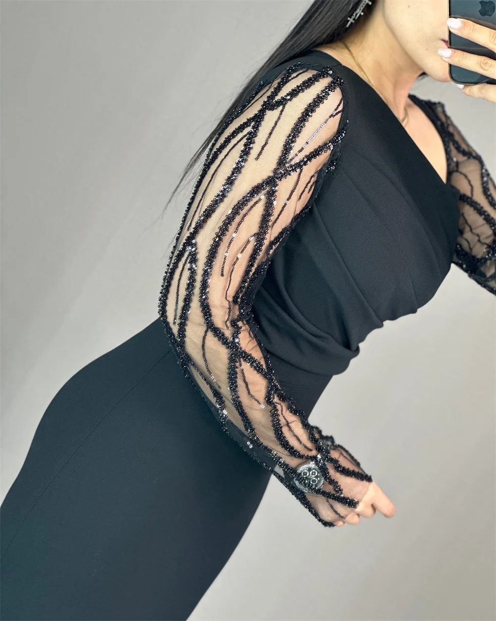 Abiti da ballo a sirena lunghi fino al pavimento con glitter personalizzati Sansa Manica lunga Nero فساتudenudenudenudenudenza Zip formale فات щу2025