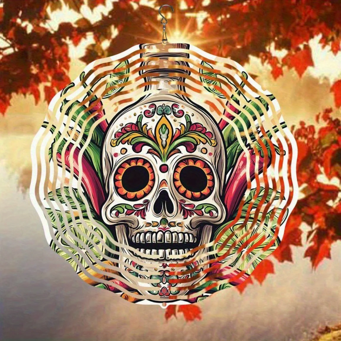 CIFBUY Metal Wind Chime Vibrant Floral Skull Outdoor Garden Decor Rotating Hook Hanging Ornament Yard Art Hanging Decor