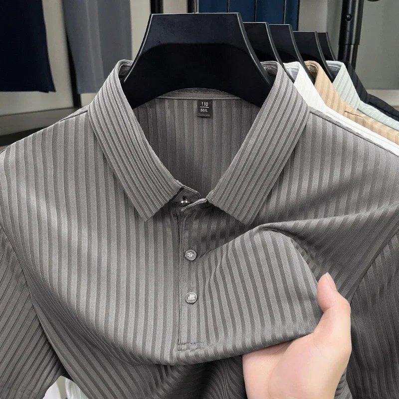 

2025 New Men's Casual Fashion Striped Short Sleeved Collar Polo Shirt Breathable and Comfortable Summer Versatile T-shirt
