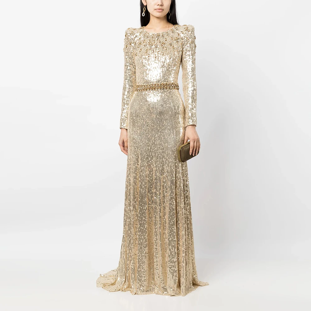 

Блестящее вечернее платье цвета шампанского с пайетками для свадьбы, вечернее платье-футляр с длинными рукавами, Саудовское платье, платье для выпускного вечера длиной до пола