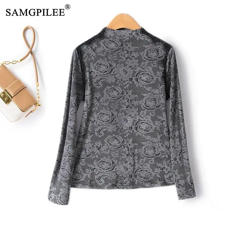 

T-shirts 2023 Autumn Winter New European Station Beaded Retro Lace Half Turtle Collar Slim Stretch Women's Lace Bottoming Shirt