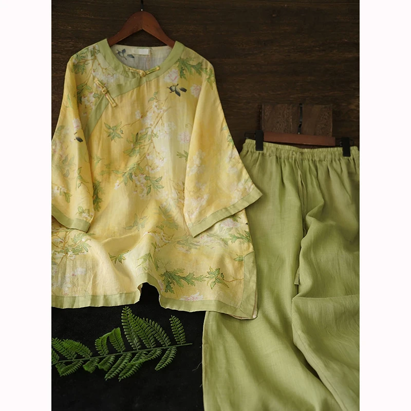 

New Summer Women Elastic Waist Wide Leg Pants Good Quality Ramie Print Vintage Single Breasted Loose Blouse Two Piece Sets D003