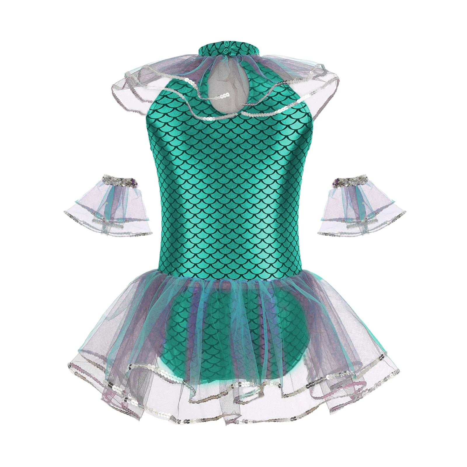 Children Girls Shiny Fish Scale Sequin Ballet Dance Leotard Mermaid Mesh Skirted Bodysuit Carnival Christmas Cosplay Costume