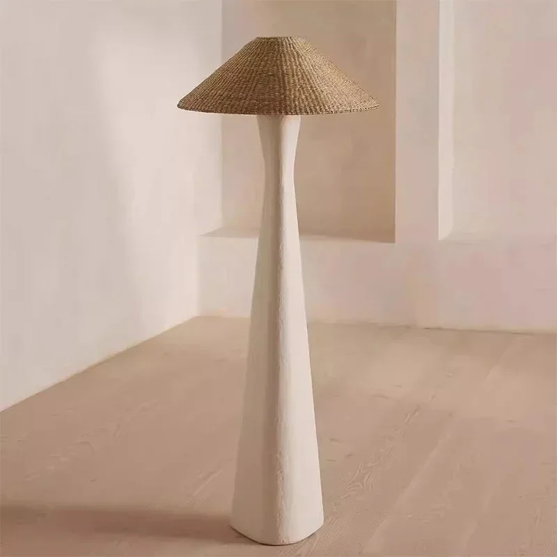 Vintage Nordic Zen Bamboo Woven Desk Floor Lamp Modern Wood Grain Mushroom Design with LED Light Red Shade for Living Room Decor