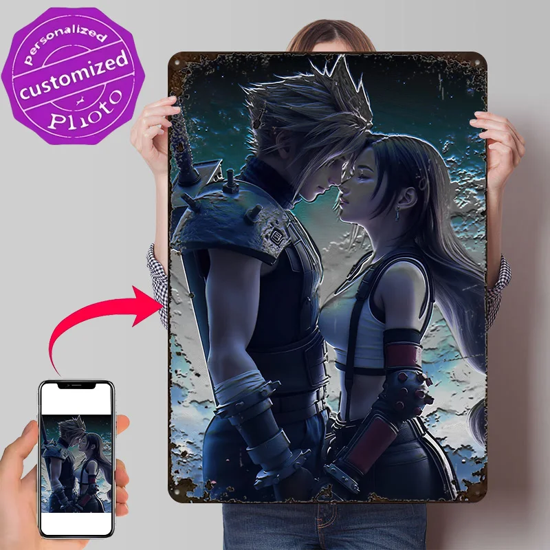 Cloud and Tifa Embrace 3D Printed Texture Poster Personalized Wall Art Retro Metal Tin Signs for Vintage Decor Room Custom Plate