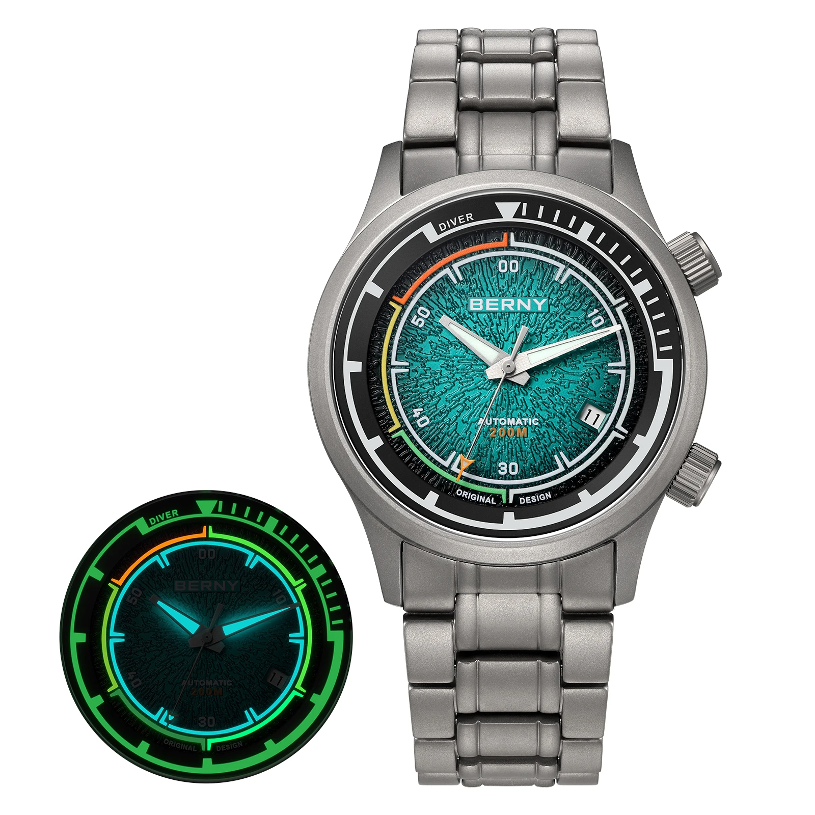 BERNY Herren-Taucheruhren, Titan, automatisch, mechanisch, superleuchtend, Herren-Taucheruhr, Saphirglas, 200 m wasserdicht, Sporttauchen