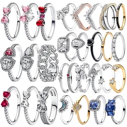 Original 925 Sterling Silver Red Pink Ring Heart Bow Sun Moon Colorful Crystal For Women Valentine's Birthday Gift DIY Jewelry