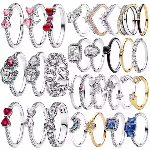Original 925 Sterling Silver Red Pink Ring Heart Bow Sun Moon Colorful Crystal For Women Valentine's Birthday Gift DIY Jewelry