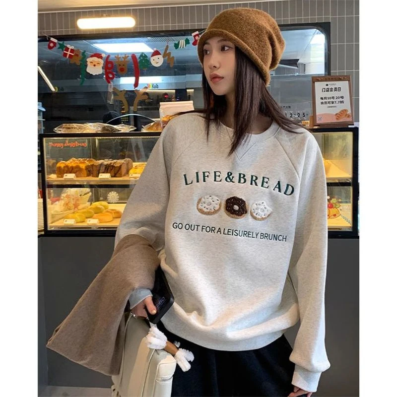 Womens Clothing Vintage Street Sweatshirt Y2K Letter Pattern Pullover Round Neck Long Sleeves Warm Oversize Baggy Ladies Tops