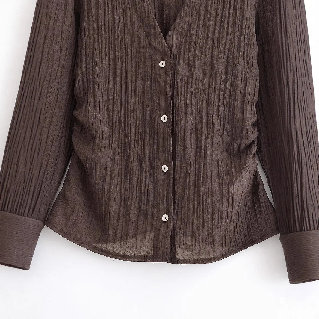 الملابس النسائية الكفة القوس الديكور شبه شفافة طويلة الأكمام الخامس الرقبة القميص