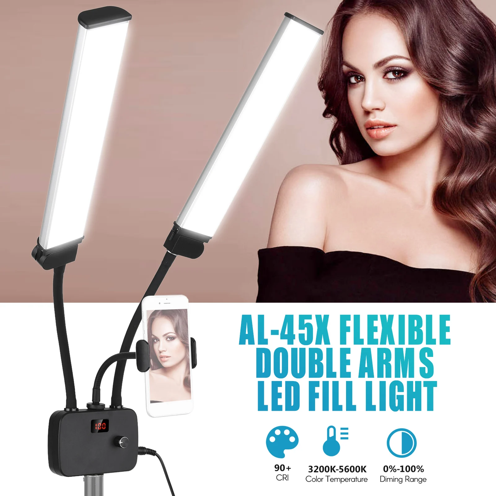 Flexible Double Arms LED Fill Light Bi-color Dimmable Beauty LED Video Lights 3200K-4500K-5600K 3 Lighting Modes 45W