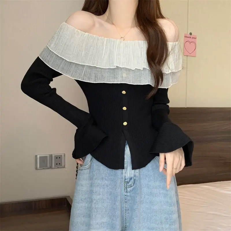 Korean Button Women Pullover Elegant Casual Slash Neck Flare Lace Patchwork Vintage Long Sleeve Jumpers Ladies Tee Basic Top