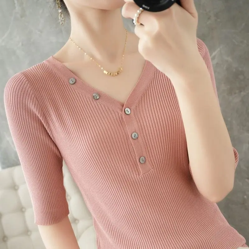 Half Sleeve V-Neck Spring Summer Solid Color Button Sweater Knitted Pullover Women's Clothing Casual Elegant Screw Thread Tops