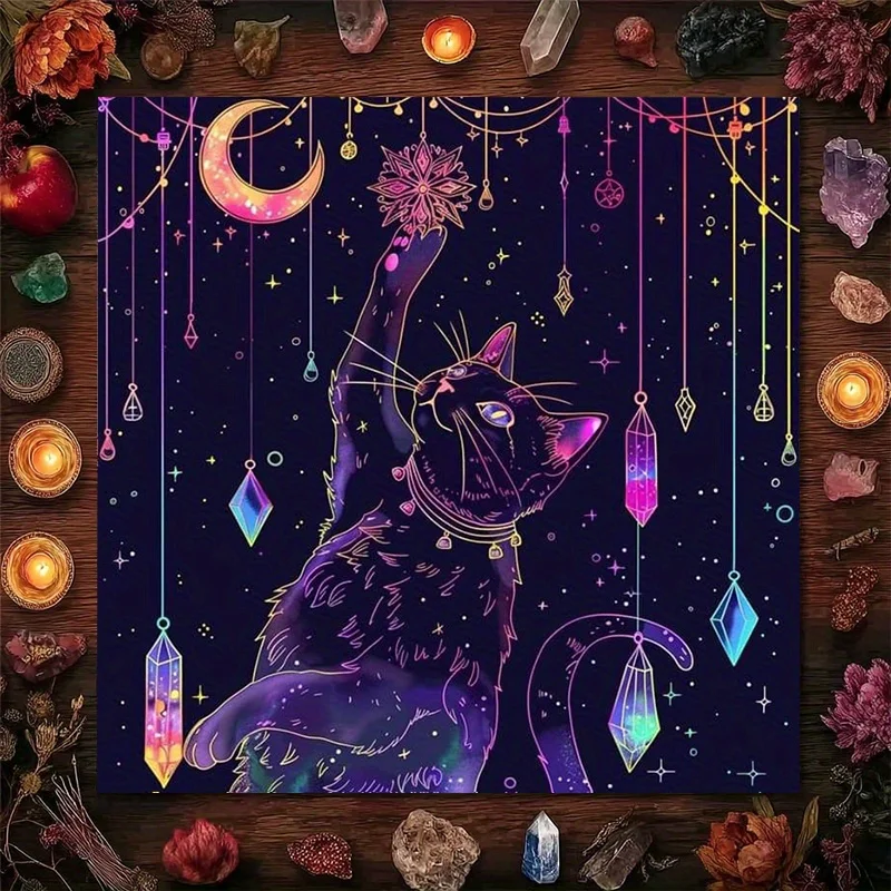 50/75/110/137cm Tarot mat 1pc Mysterious Black Cat Star Tarot Tablecloth Mystical Altar Cloth Divination Meditation Halloween