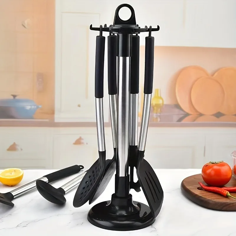 Maximize Your Kitchen Space With This 360° Rotating Utensil Holder - 6 Hooks & Punch-Free Installation!