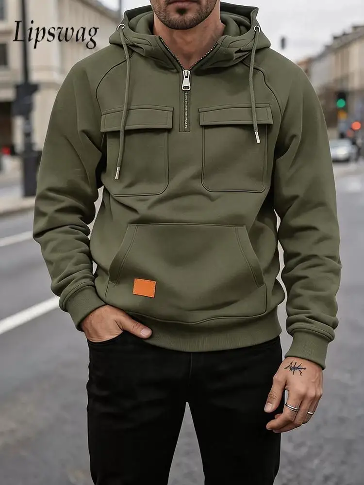 Vintage Half Zip Hooded Sweatshirt Fashionable Solid Color Multi Cargo Pocket Long Sleeve Tops Autumn Winter Pullover Men