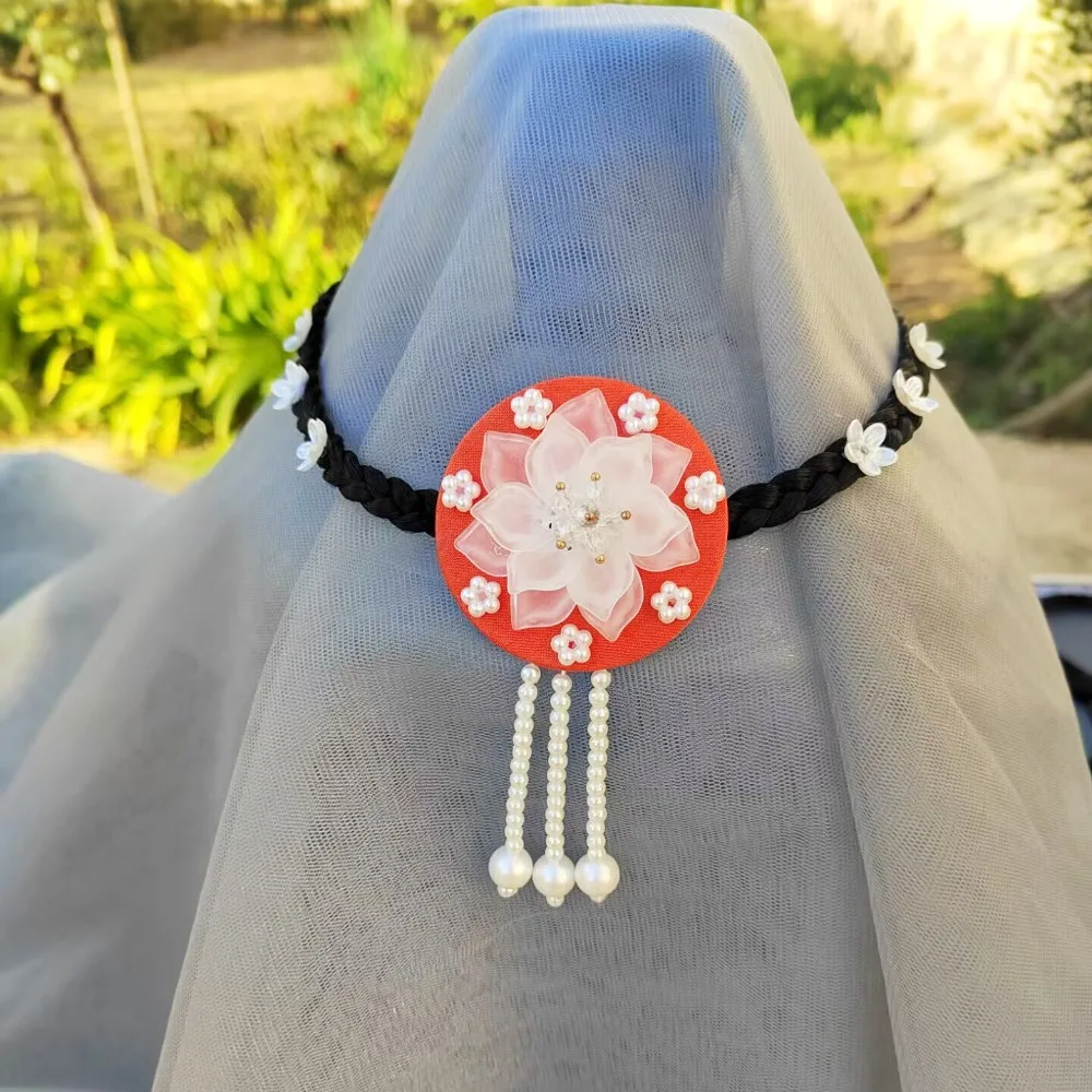 

Sweet Flower Hanbok Wig Headdress Pearl Tassel Korea Ethnic Style Hairband Elegant Headdress Stage Dance Hair Hoop Girls