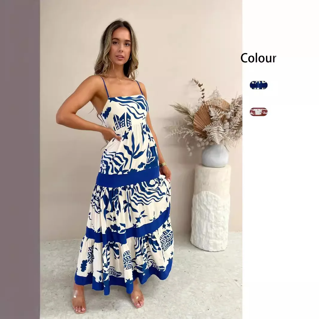 

Summer European And American Women's Clothing Temperament Casual One-word Collar Lace Splicing Suspender Dress