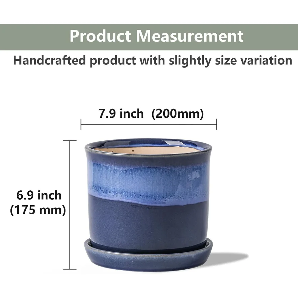 

8-дюймовый керамический горшок с дренажным отверстием и блюдцем — градиентный синий цветочный горшок для комнатных и наружных растений