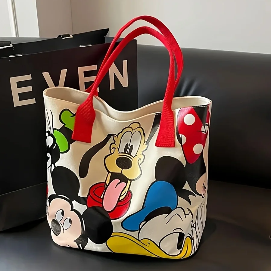 Borsa tote in tela Disney di grande capacità con cartoni animati di Topolino - Borsa a tracolla alla moda da donna con cerniera e chiusura a bottone