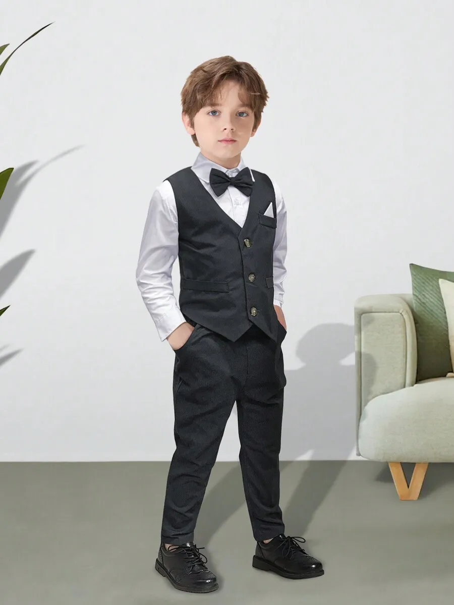 

4-Piece Formal Suit Set for Boys: White Shirt, Black Vest, Bow Tie & Pants