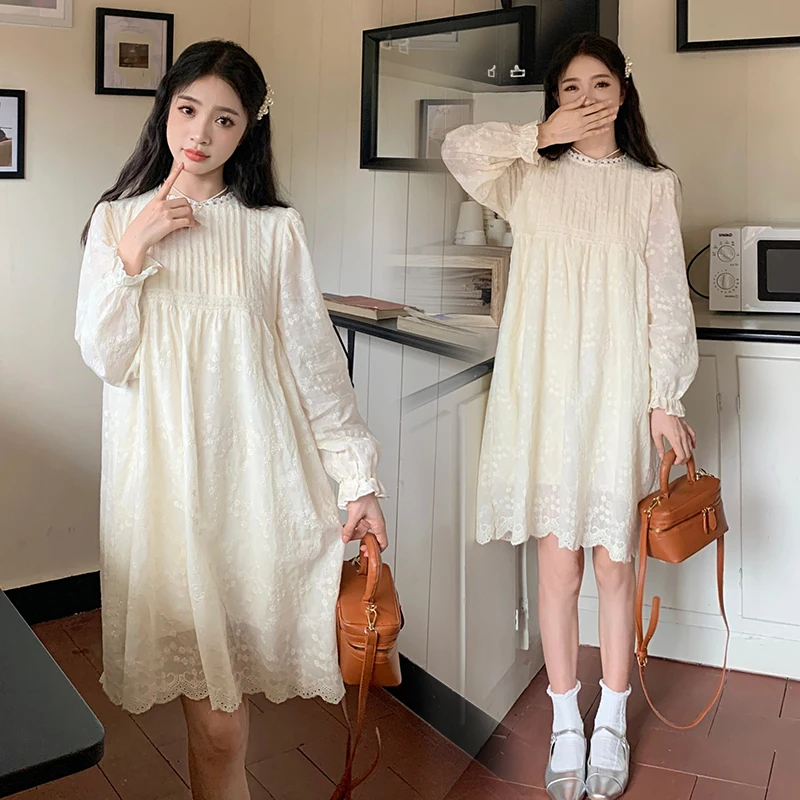 2024 Spring Maternity Lace Dress Sweet Long Lantern Sleeve Floral Embroidery Elegant Pregnant Women's Party Dress Princess Dress