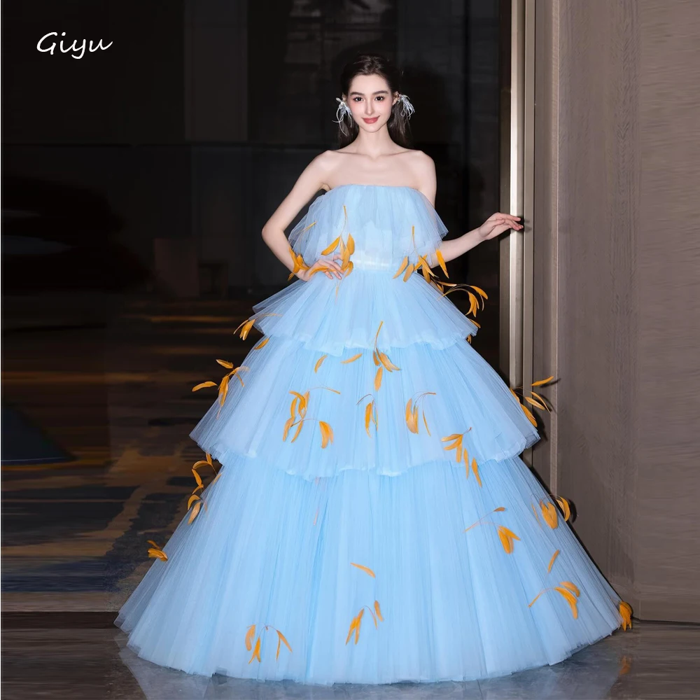 Giyu Elegant Blue Tulle Evening Dresses Korea Wedding Photoshoot Feathers Tiered Layered Princess Prom Gowns Formal Party Dress