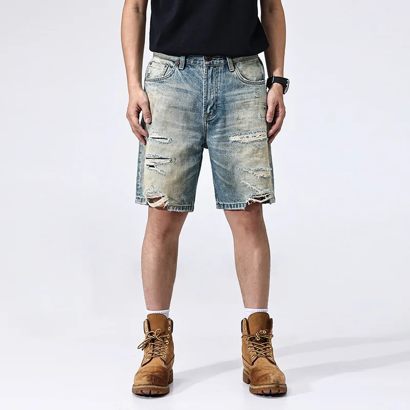 

2025 Summer Minimalist Light Blue Shorts Men's Japanese Youth Cowboy Pants Ripped Jeans For Men Clothing