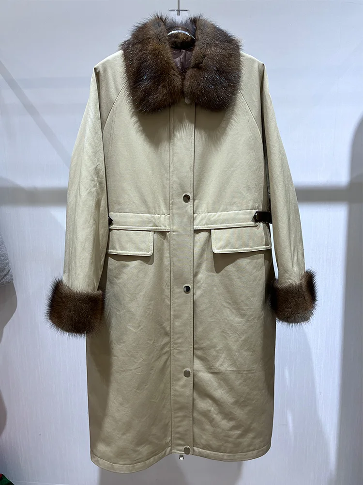 Inverno feminino branco ganso para baixo casacos denim jaqueta natural real muskrat gola de pele de vison parka outwear luxo puffer jaqueta