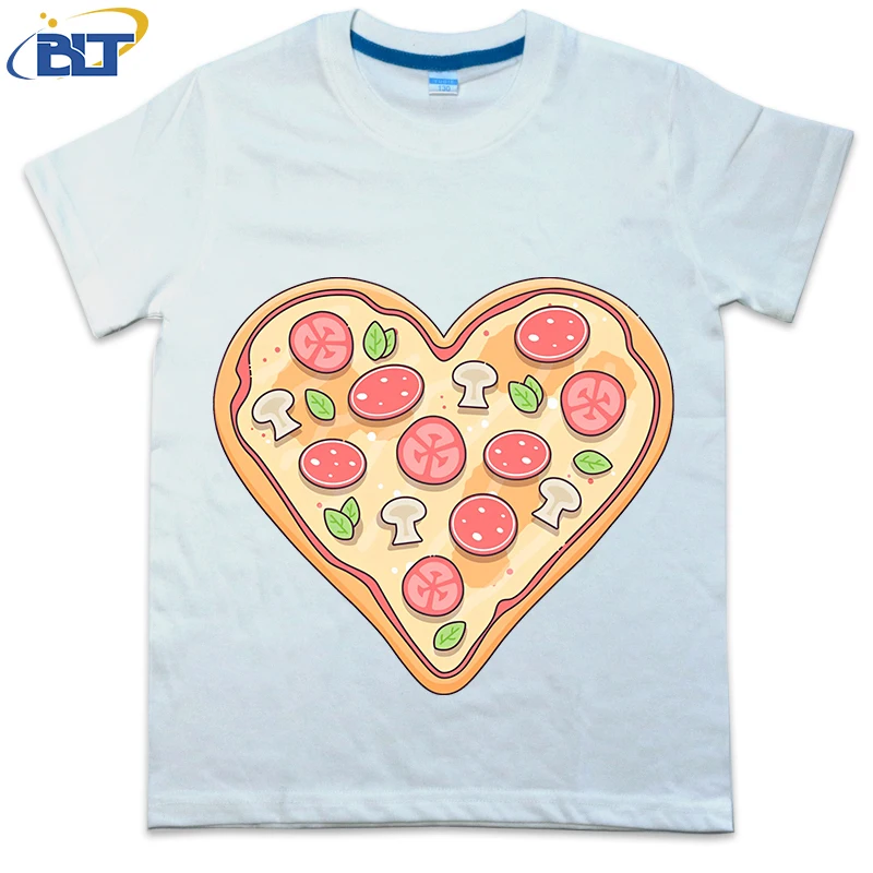 Camiseta infantil de manga curta estampada para pizza, tops de algodão infantil, roupas casuais para meninos e meninas, verão