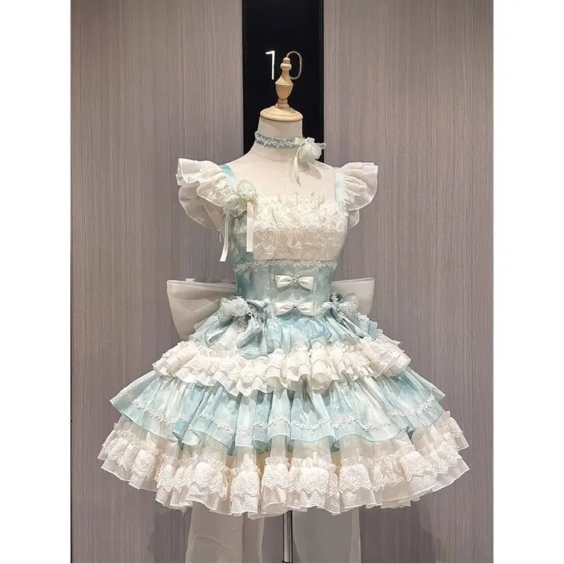 

Японское платье в стиле кавайи-лолита для женщин, милое, с бантом, цветочным кружевом, пэчворк, без рукавов, платье принцессы, мини-платье для вечеринок в стиле Y2K