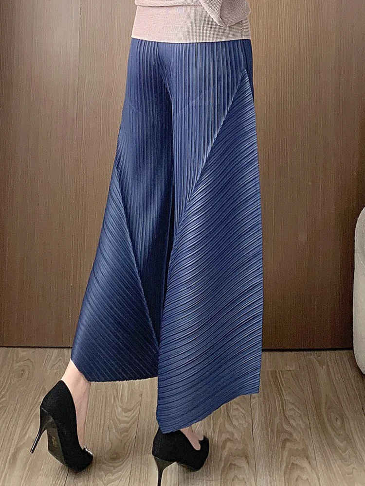 GVUW Pleated Women Wide Leg Pants Irregular Elastic Waist Pockets Spring Solid Color Casual Trousers Female New 2024 17G4246