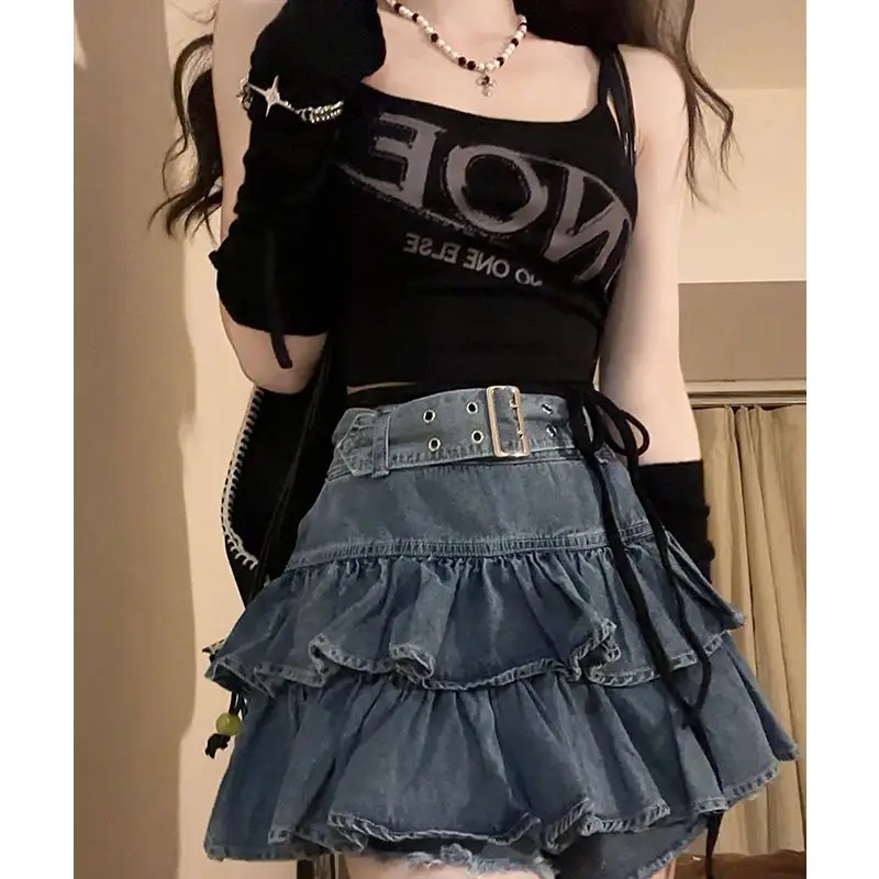 New Retro Hot Girl Ruffled Fake Two-piece High Waist Denim Skirt Female Y2K Summer New Design Sense Waist Cake Skirt Denim Skirt