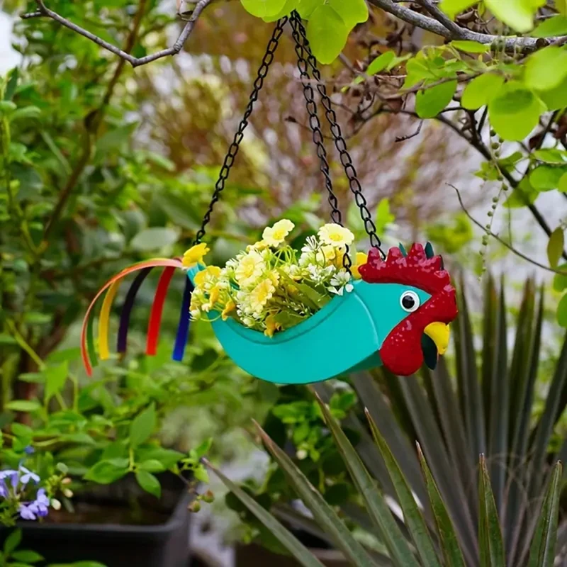 Bright Colorful Chicken Hanging Planter Yard Decor Hanging Planter For Indoor Outdoor Decor, Plant Holder Flower Pots