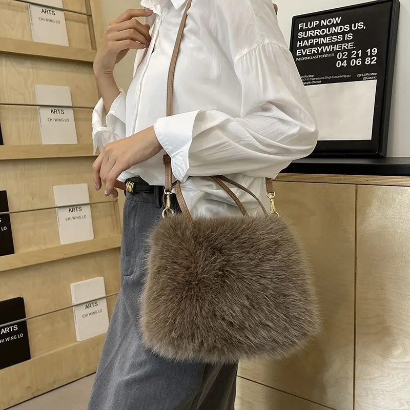 Candy Color Pearl Handle Women's Plush Crossbody Bag Portable Female Furry Handbags Winter Fashion Casual Shoulder Bags