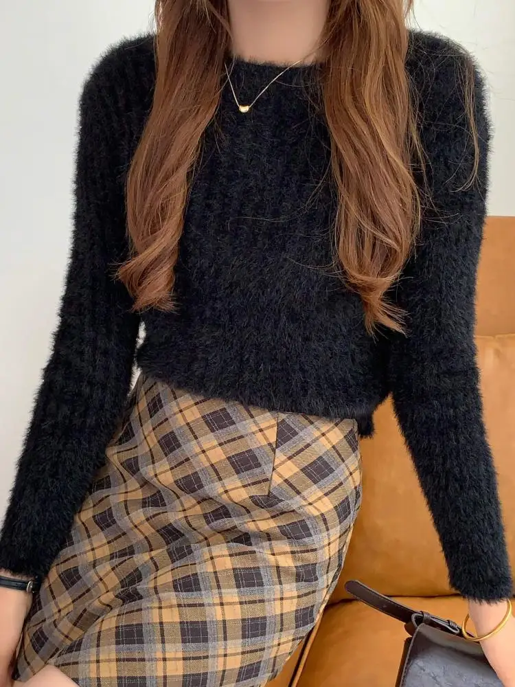 

Женский однотонный норковый свитер с круглым вырезом и длинными рукавами, осень-зима 2024, корейская мода, тонкий короткий трикотаж, пуловеры, универсальные топы