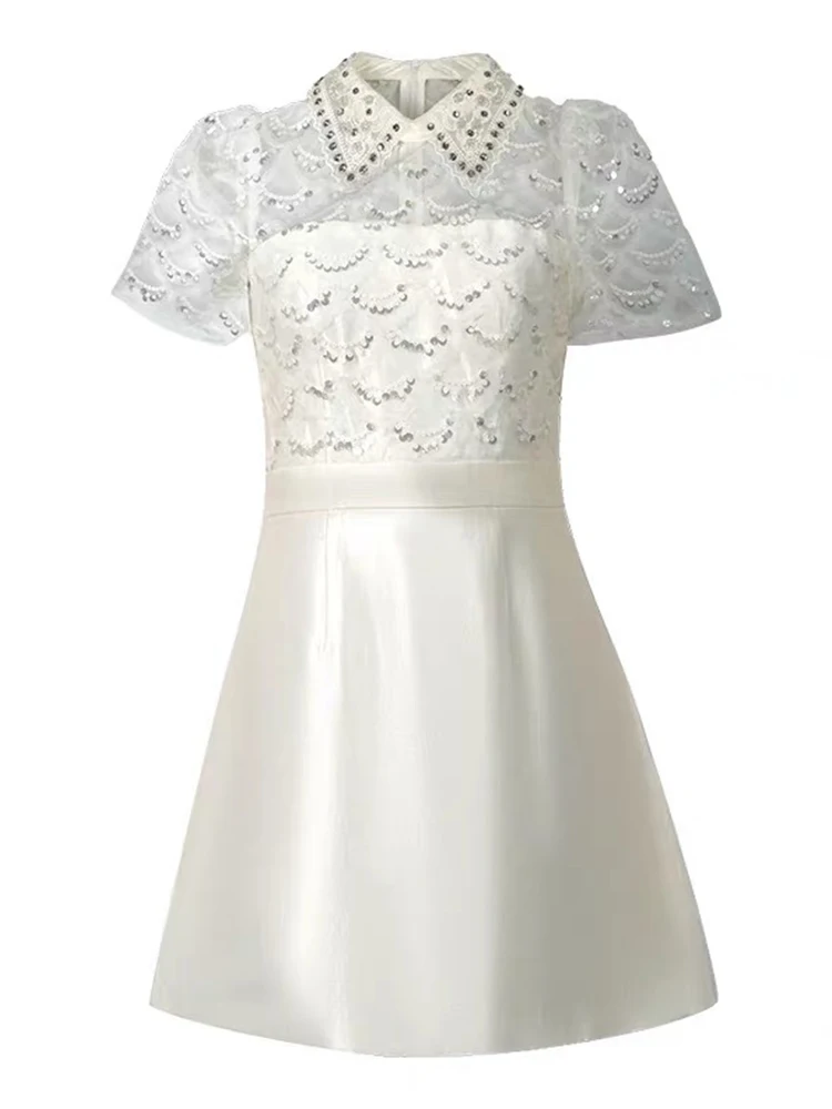 ปลอม 2 ชิ้นหรูหราหรูหราทํางานสไตล์อย่างเป็นทางการชุดสั้นเสื้อผ้าผู้หญิง Vintage เลื่อมแขนสั้น Slim Vestidos