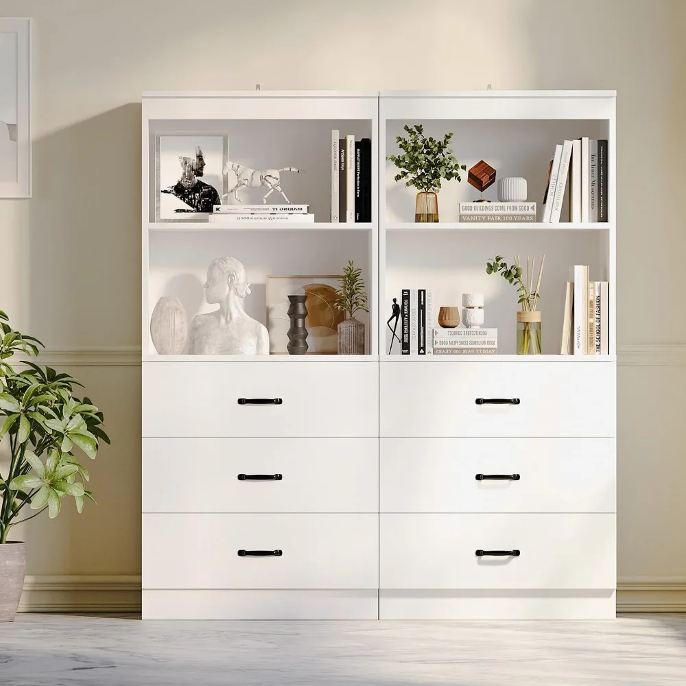 رف كتب أبيض مقاس 55.5 بوصة مكون من 5 طبقات مع 3 أدراج وأرفف مفتوحة من طبقتين وخزانة كتب طويلة للتخزين للمكتب المنزلي